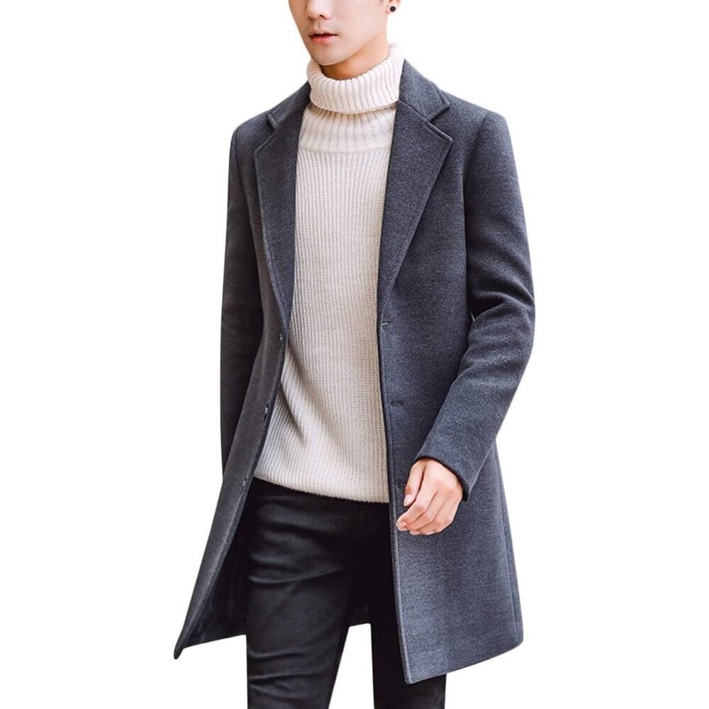 🆕Men's Dark Gray Wool Blend Pea Coat Notched Collar Breasted Winter Trench Coat